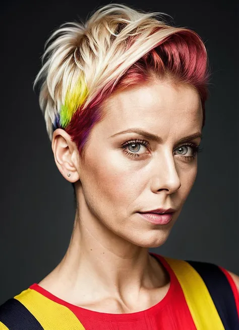portrait of sks woman by Flora Borsi, style by Flora Borsi, bold, bright colours, rainbow Mohawk haircut, ((Flora Borsi)), <lora:lora_anita_v4_from_v4_160:1>