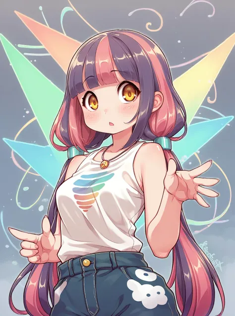 score_9, score_8_up, score_7_up, source_anime, solo, 1girl, , , , , glowwave, multicolored hair, low twintails, kionant,  <lora:kionant_PDXL-000002:1>