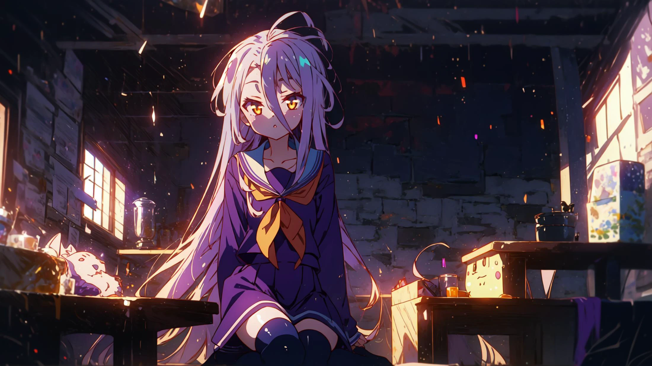 masterpiece, best quality, ultra-detailed, glistening shiny, glowing light, ray tracing, HDR, deph of field, (perfect face, detailed face), <lora:NgnlShiro:0.7>, 1girl, solo, ngnlshiro. very long hair, messy hair, flat chest, serafuku, purple shirt, purple skirt, black thighhighs, sitting, indoors, tavern, <lora:ladneoczy:1>