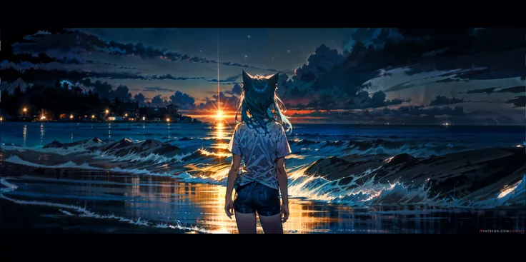 1girl, solo, beach, from behind, light blue hair, cat ears, standing, cowboy shot, white shirt, t-shirt, short shorts, black shorts, night, ocean, dark theme, long hair,