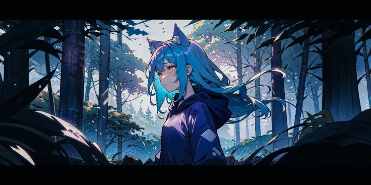 1girl, solo, from side, forest, night, light blue hair, cat ears, looking away, yellow eyes, long hair, small breasts, (purple hoodie:1.3), sad, upper body, wind,, teenage, crying,