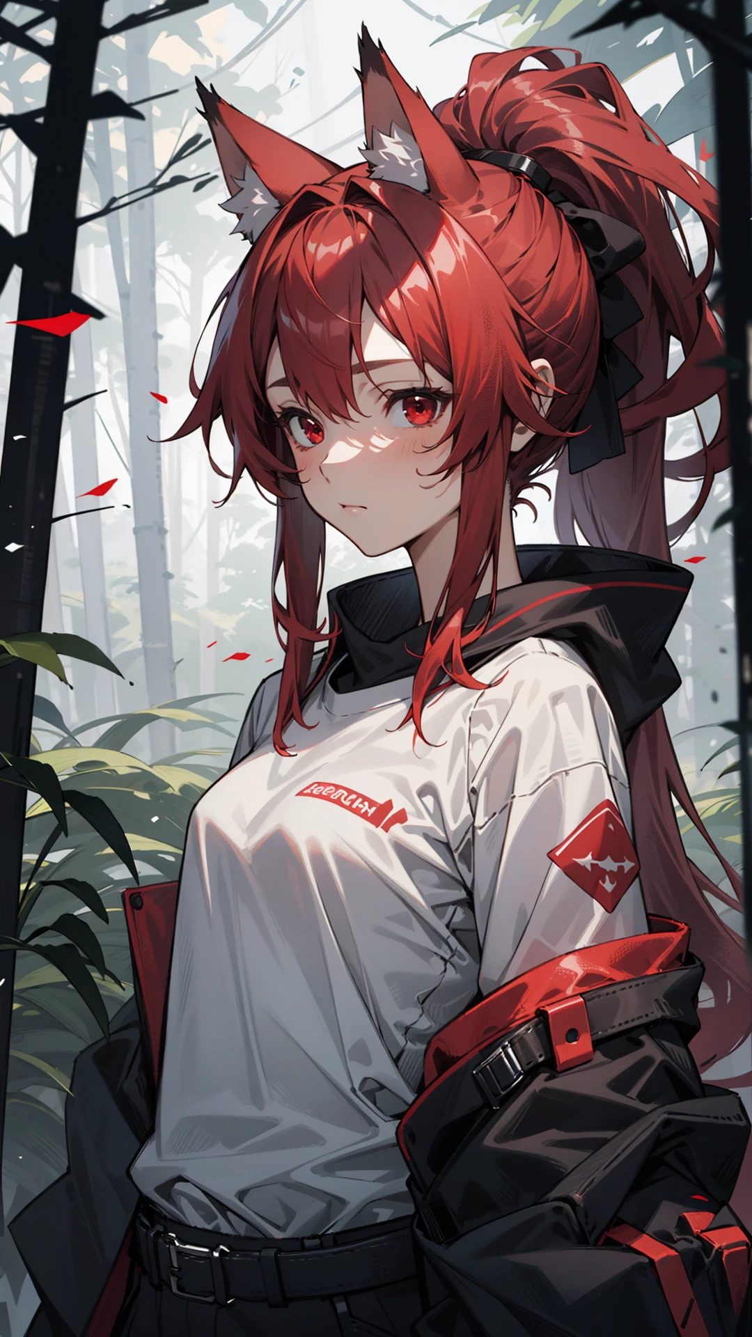 1girl, solo, small breasts, white shirt, red hair, fox ears, ponytail, standing, (upper body), forest, red eyes, closed mouth, age, long hair