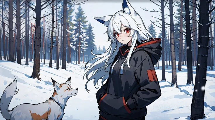 1girl, (solo:1.2), small breasts, hoodie, red eyes, white hair, fox ears, long hair, winter, snow, forest, hand in pocket, straight hair,