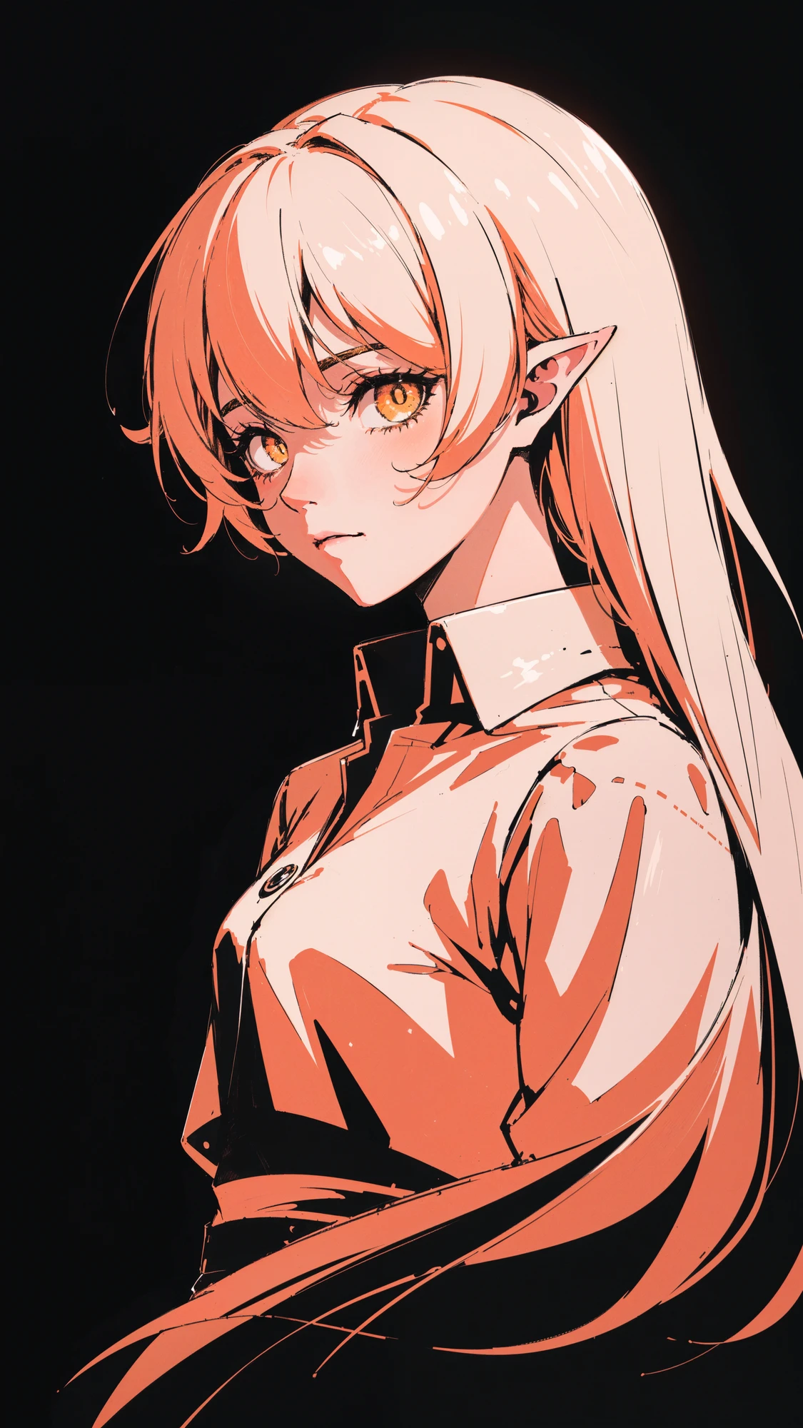 dark theme, (neon light, high contrast:1.2), hdr, chiaroscuro, simple background, black background, (Apricot orange:1.2), pink, 1girl, shirt, pointy ears,