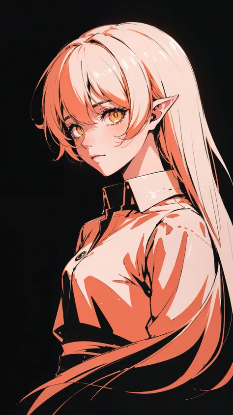dark theme, (neon light, high contrast:1.2), hdr, chiaroscuro, simple background, black background, (Apricot orange:1.2), pink, 1girl, shirt, pointy ears,