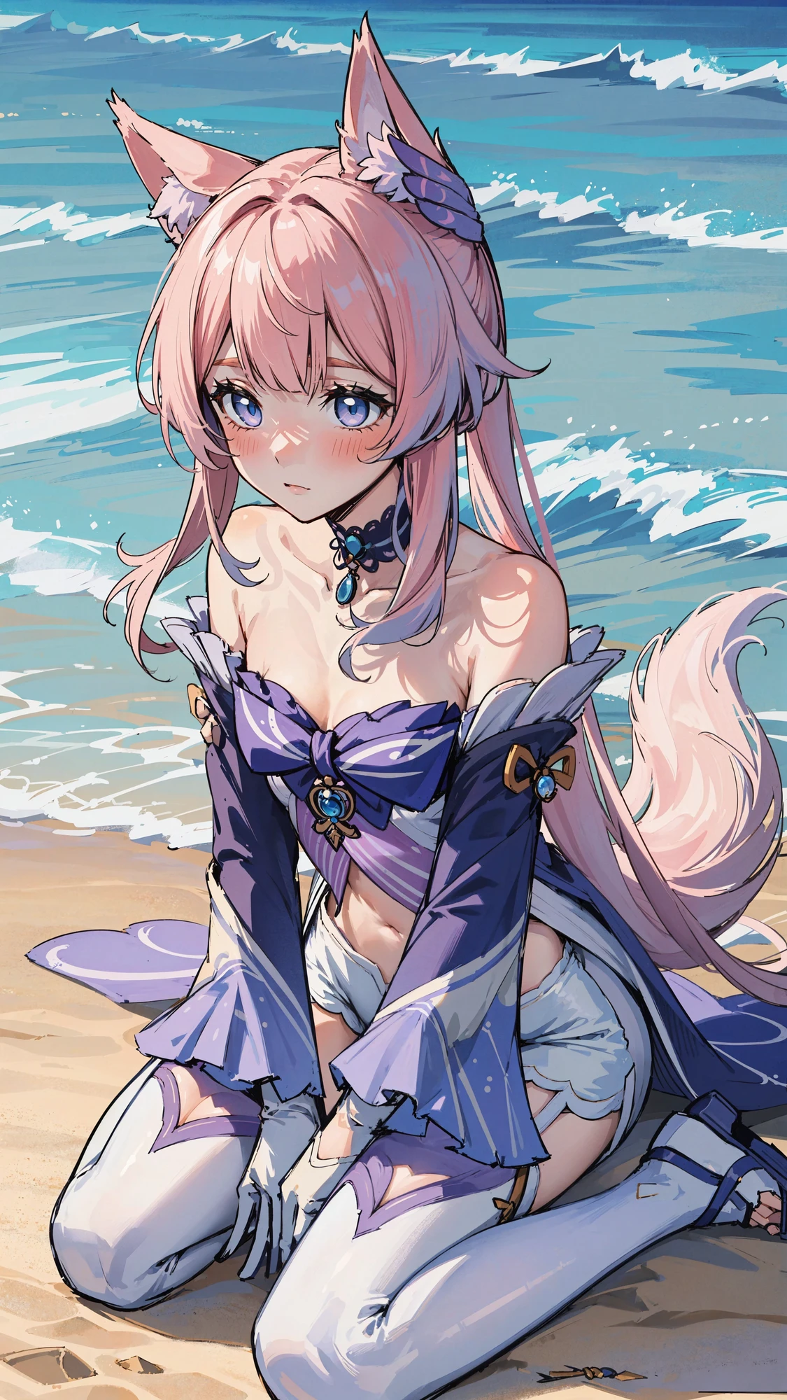 sangonomiya kokomi, pink hair, (small breasts:1.2), (fox ears:1.2), sitting, wariza, outdoors, beach, on ground, sand, ocean, age, very long hair, closed mouth,
choker, frilled choker, shorts, short shorts, white shorts, gloves, half gloves, white gloves, thighhighs, white thighhighs, detached sleeves, wide sleeves, frilled sleeves, bare shoulders, blush, collarbone, hair ornament, frills, thighs, sidelocks, vision (genshin impact), purple clothes, purple sandals