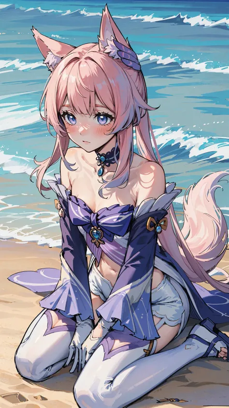 sangonomiya kokomi, pink hair, (small breasts:1.2), (fox ears:1.2), sitting, wariza, outdoors, beach, on ground, sand, ocean, teenage, very long hair, closed mouth,
choker, frilled choker, shorts, short shorts, white shorts, gloves, half gloves, white gloves, thighhighs, white thighhighs, detached sleeves, wide sleeves, frilled sleeves, bare shoulders, blush, collarbone, hair ornament, frills, thighs, sidelocks, vision (genshin impact), purple clothes, purple sandals