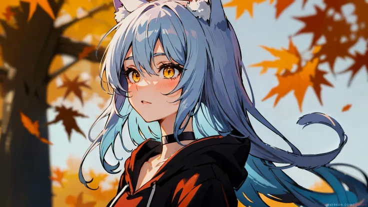 purple hoodie, 1girl, solo, standing, outroods, autumn, blurry background, portrait, light blue hair, choker, yellow eyes, (blurry background:1.1), cat ears, long hair, blush, (from side:0.8), small breasts, straight hair