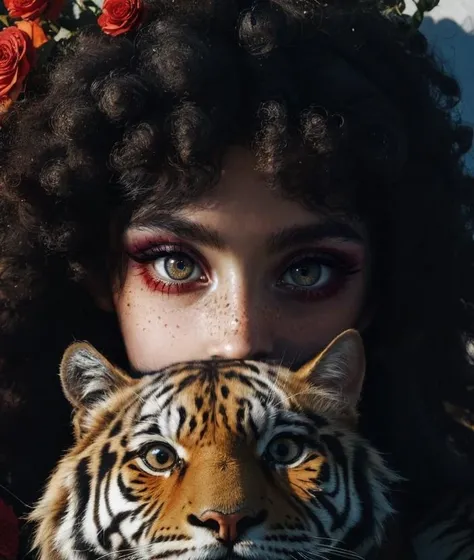 close-up of a cute african girl with big long wild curly afro hair, dark skintone, red flowers in her hair, holding a tiger, mouth covered, red paint eyes, masterpiece, (photorealistic:1.4), detailed eyes, dramatic lighting, shadows,
<lora:cudd13 - 0nt0p - CuddleAndHeadOnTop:0.3>, (Chi_testv1:0.5), <lora:detailed_eye:0.4>, <lora:add_detail:0.4>, <lora:k0d4chrom3:0.1>, <lora:InsPX:0.2>,
