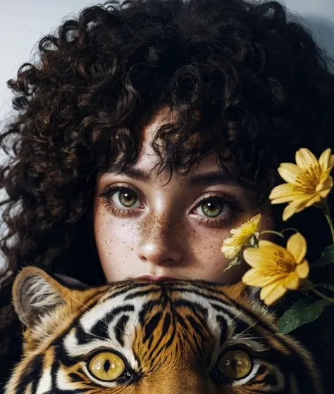 close-up of a cute african girl with big long wild curly afro hair, dark skintone, a yellow flowers in her hair, holding a tiger, mouth covered, scared and emotional, crying, masterpiece, (photorealistic:1.4), detailed eyes, dramatic lighting, shadows,
<lora:cudd13 - 0nt0p - CuddleAndHeadOnTop:0.3>, (Chi_testv1:0.5), <lora:detailed_eye:0.4>, <lora:add_detail:0.4>, <lora:k0d4chrom3:0.1>, <lora:InsPX:0.2>,