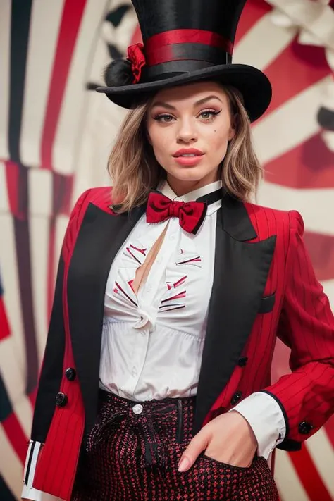 DEN_harleyexotica_OF,
(performing in a (circus:1.2) wearing a red and black (blazer:1.1) and white (shirt:1.1) and cream (trousers:1.1) and black bow tie and (top hat:1.1), ring leader, circus:1.2),
bokeh, f1.4, 40mm, photorealistic, raw, 8k, textured skin, skin pores, intricate details <lora:epi_noiseoffset2:1>, epiCRealism <lora:ClothingAdjuster3:-1>