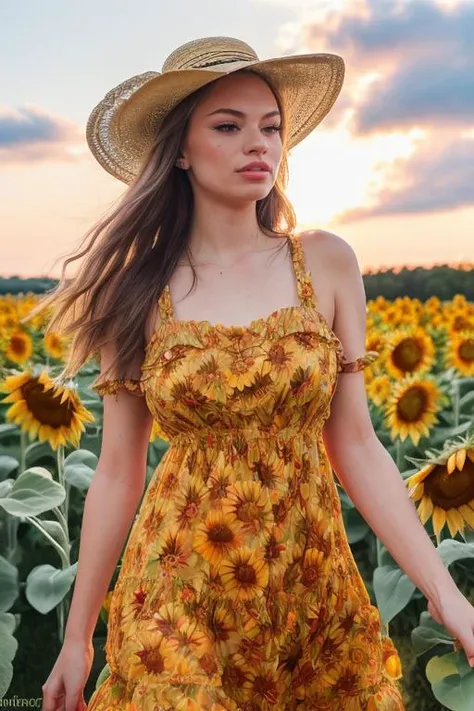 DEN_harleyexotica_OF,
(walking through a field of sunflowers wearing a (summer dress:1.3) and sun hat, field, sunflowers, summer, scenic:1.2),
bokeh, f1.4, 40mm, photorealistic, raw, 8k, textured skin, skin pores, intricate details  <lora:epi_noiseoffset2:1>, epiCRealism <lora:ClothingAdjuster3:-1>