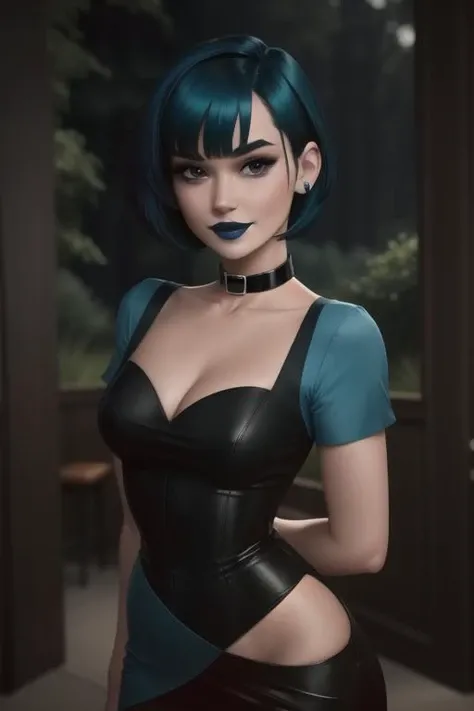Gwen (full drama), masterpiece, best quality, 1girl, solo, blue lips, looking at the viewer, breasts, short hair, makeup, black eyes, collar, upper body, big breasts, hands behind your back, choker, smile, bangs, blue hair, collarbones, lipstick, black lips, dress, black choker, cleavage, black collar, green hair,