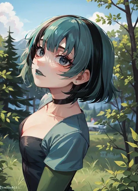 ((best quality)), ((highly detailed)), masterpiece, absurdres, (detailed eyes, deep eyes), (1girl), dynamic pose, upper body, <lora:gwenTotalDramaIsland_v04:1>, Gwen (total drama), black eyes, short hair, bangs, blue hair, green hair, streaked hair, black streaks, makeup, blue lips, black lips, breasts, black choker, collarbone, goth, no bra, outdoors, at a camp, in a forest, pine trees, lake