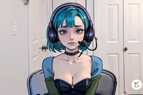 (masterpiece, best quality:1.2), <lora:gwen:1>, gwen, 1girl, solo, breasts, bangs, cleavage, jewelry, medium breasts, choker, makeup, black choker, looking at viewer, sad, sitting, <lora:concept_sadlinus:0.8>, sadlinus, chair, headset, headphones, indoors,