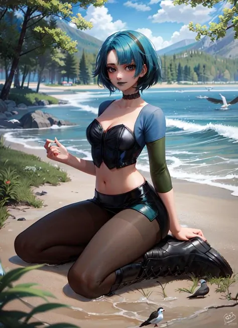 ((best quality)), ((highly detailed)), masterpiece, absurdres, detailed face, beautiful face, (detailed eyes, deep eyes), (1girl), full body, (((wide shot))), <lora:hairdetailer:.6>, <lora:gwenTotalDramaIsland_v05:.9>, gwentd, short hair, bangs, black eyes, makeup, blue lips, choker, medium breasts, goth, long sleeves, corset, midriff, pantyhose, skirt, boots, outdoors, at a camp, in a forest, pine trees, lake, (outside, at a beach, seagulls, waves, wet hair, (((multiple girls))), (5girls), noon)