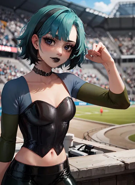 "1 girl, billie eilish, vibrant green hair with black undertones, striking pose in a tantalizing tan crop top and green mini skirt, contagious laughter, alluring and toned physique."