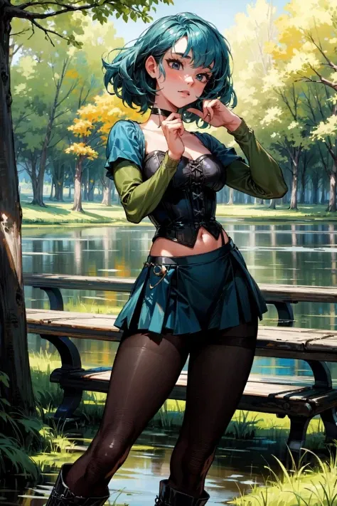 thick outlines, comics, photorealistic, perfect hands, masterpiece:1.2, bench, lake, forest, 1girl, solo, dynamic pose,<lora:gwentd:0.5>, gwentd, makeup, bangs, choker, long sleeves, corset, midriff, pantyhose, skirt, boots, medium breast, detailed background, detailed face, detailed eyes, <lora:add_detail:0.8>