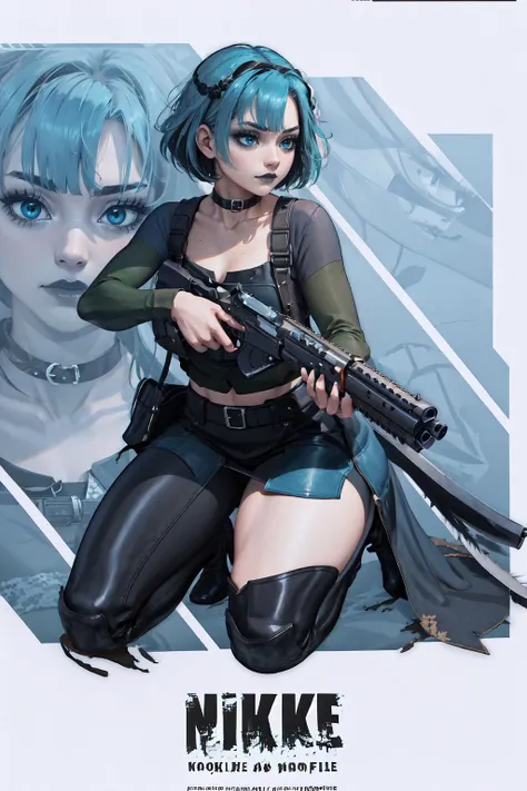 1girl, <lora:gwentd:0.85>, gwentd, makeup, bangs, choker, blue eyes, long sleeves, IncrsNikkeProfile, full body, zoom layer, holding weapon, holding gun, one knee, <lora:Pos_NikkeProfile:0.9>