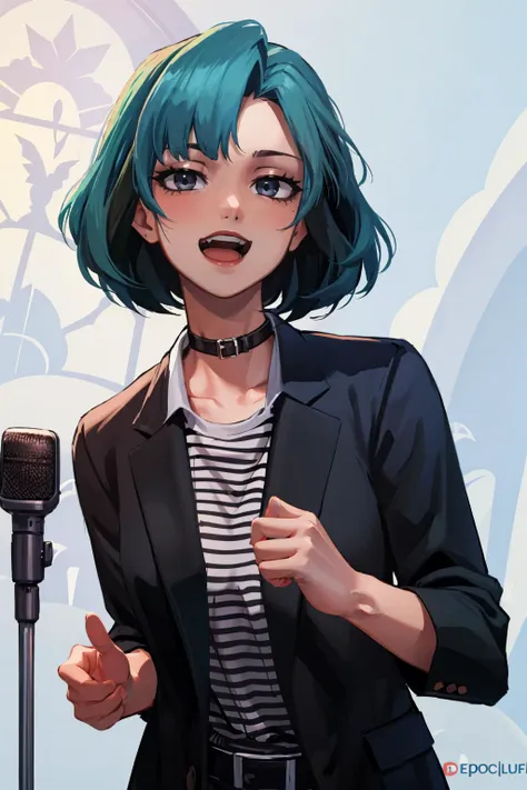 masterpiece, best quality, 1girl, solo, <lora:NeverGonnaGiveUUp:.95> IncrsNeverGonnaGiveUUp, smile, open mouth, looking at viewer, microphone stand, upper body, black jacket, striped shirt <lora:gwentd:0.9> gwentd, makeup, bangs, choker,