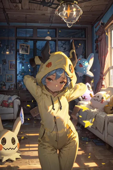 masterpiece,best quality,personification,Mimikyu_Pokemon,(hood up,yellow bodysuit),indoors,living room,<lora:Mimikyu_Pokemon_Anime_Dim32:0.7>,