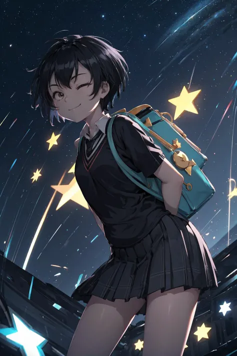masterpiece,best quality,1girl,solo,peniparker,black hair,short hair,school uniform,aqua backpack,pale skin,smile,one eye closed,star \(symbol\),standing,(bent over:1.2),cowboy shot,(dutch angle),<lora:peni_parker:1>,
