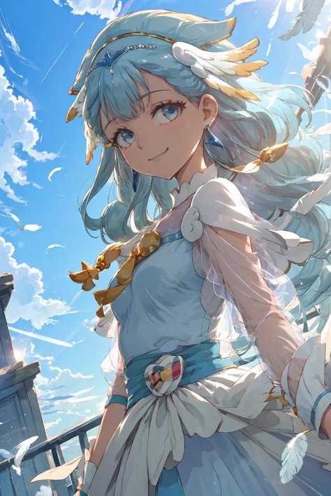 masterpiece,best quality,1girl,cure ange,short dress,earrings,hair ornament,porch,see-through sleeves,wrist cuffs,smile,blue sky,wind,feathers,sunlight,upper body,dutch angle,<lora:locon_cure_ange_01:0.95>,