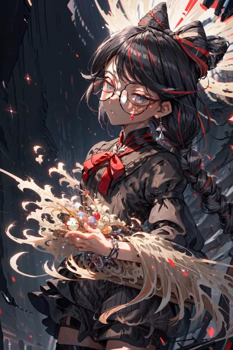 masterpiece,top quality,best quality,official art,(fractal art:1.2),1girl,cereza,glasses,red ribbon,hair bun,hair ribbon,streaked hair,braid,jewelry,earrings,vertical-striped thighhighs,striped dress,expressionless,head tilt,cowboy shot,(dutch angle),<lora:Concept-control tool-add_detail-CyberAIchemist:0.8>,<lora:Cereza:0.7>,