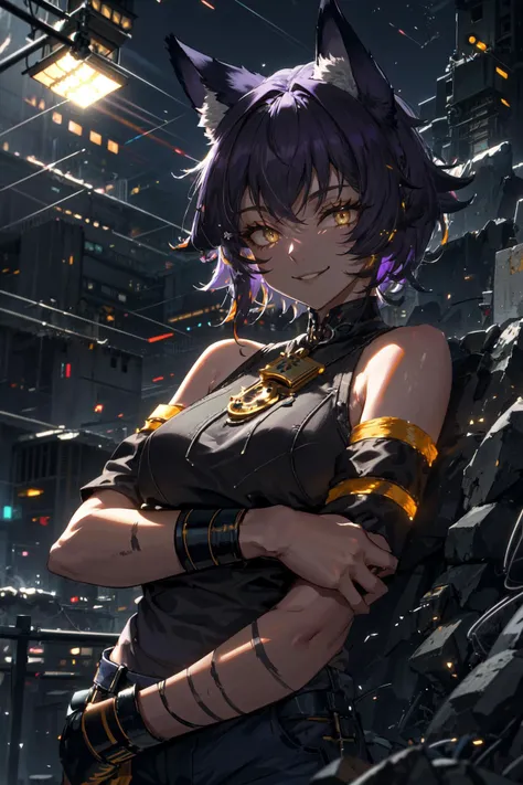 (high quality, best quality, 4k, 2k, (intricate:1.1), (high detail:1.3)), ((outdoors, concrete)), (official wallpaper, volumetric lighting, dynamic lighting),
1girl, solo, (fox girl, fox ears, fox tail), (purple hair), short hair, (messy hair), ((yellow eyes)), medium breasts,
tank top, jeans, arm wrap, scar, scar on face, scar on arm, 
lying on back, ((smile)), cowboy shot,