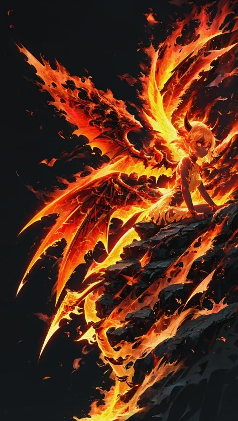 masterpiece, best quality, detailed-background superb multicolored 1girl (oni-horns:1.1) obi fiery-wings (demon-tail:1.1) absurdly-long-hair darkness vibrant-colors dark-background beautiful-8k-wallpaper sitting BREAK firecd fire flame burning <lora:firecd:0.8>