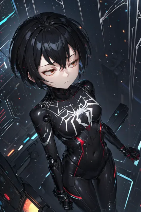 masterpiece,best quality,1girl,solo,peniparker,black hair,brown eyes,short hair,pale skin,plugsuit,bodysuit,(spider web print:1.3),(mechanical armor),expressionless,half-closed eyes,(tired),standing,arms at sides,dutch angle,(science fiction),(from above:1.1),<lora:peni_parker:1>,