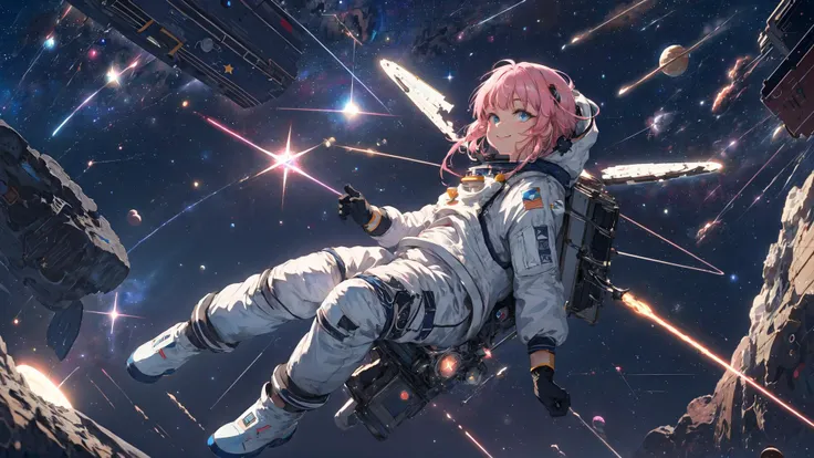 masterpiece,best quality,1girl,solo,pink hair,blue eyes,white spacesuit,gloves,spread arms,astronaut,floating,full body,smile,star \(symbol\),outer space,starry,(wide shot),