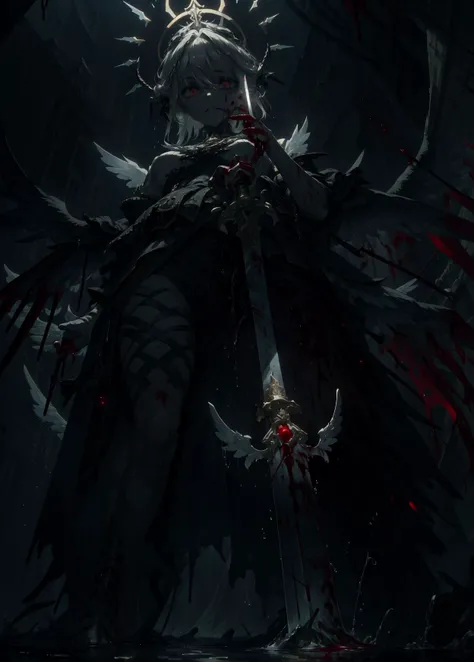 (epic:1.2), (fantasy:1.2), (horror:1.2), (eerie:1.2), (from below:1.2), (looking at viewer:1.2), (full body:1.0), BREAK, (iron halo:1.0), (blessed:1.0), (translucent wings:1.0), (celestine:1.0), (sword:1.0), <lora:Saint Celestine MK1 by CARAXES:0.7>, (drenched in blood:1.4), BREAK, (night:1.2), (dark:1.2), (creepy:1.2), (white and crimson red:1.2), (blood:1.3), BREAK, (masterpiece:1.5), (intricate:1.2), (detailed:1.2),