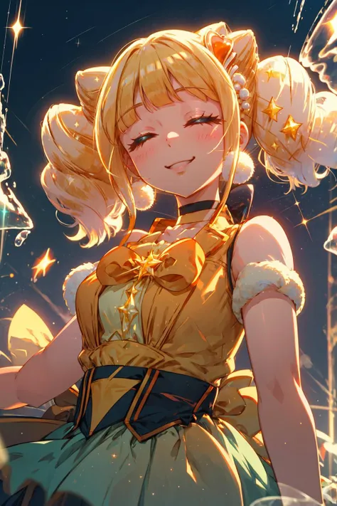 masterpiece,best quality,1girl,cure sparkle,twintails,double bun,hair ornament,vest,ribbon,bubble skirt,high-waist skirt,white gloves,choker,petticoat,smile,head tilt,closed eyes,upper body,floating,(sparkle),dutch angle,<lora:locon_cure_sparkle_01:0.9>,