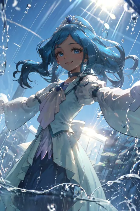 masterpiece,best quality,1girl,cure fontaine,blue hair,very long hair,blue eyes,tiara,white gloves,ascot,brooch,vest,choker,long dress,smile,(spread arms,outstretched arms),blue sky,sunlight,rain drop,floating water drop,cowboy shot,dutch angle,<lora:locon_cure_fontaine_01:0.9>,