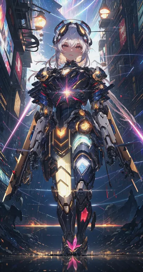 masterpiece,best quality,ultra-detailed,very detailed illustrations,extremely detailed,intricate details,highres,super complex details,extremely detailed 8k cg wallpaper,cowboy shot, caustics,reflection,ray tracing,demontheme,nebula,dark aura,cyber effect, (1girl:1.4),solo,alone,mecha musume,mechanical parts, robot joints,single mechanical arm, headgear, mechanical halo,star halo,intricate mechanical bodysuit, mecha corset, full armor, very long hair,white hair, hair between eyes, multicolored hair, colored inner hair, red eyes,glowing eye,eye trail, random expressions,random action, ancient japanese architecture,pond, starry sky,skyline, <lora:AMechaSSS[color_theme,mecha musume, mechanical parts,robot joints,headgear]:0.8>, umbrella, japan,