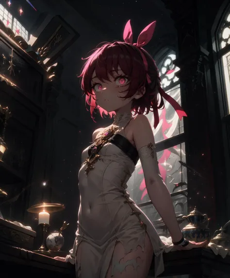 (masterpiece, best quality, SFW:1.2), celestial, masterpiece, post-processing, indirect light BREAK 1girl, surprise, looking up,(cute, petite:1.2), flat_chest, (dark red hair, very short hair:1.2), (hotpink eyes:1.2) BREAK ( dress, hair ribbon) BREAK breast focus,wide shot, indian style BREAK indoors, armory