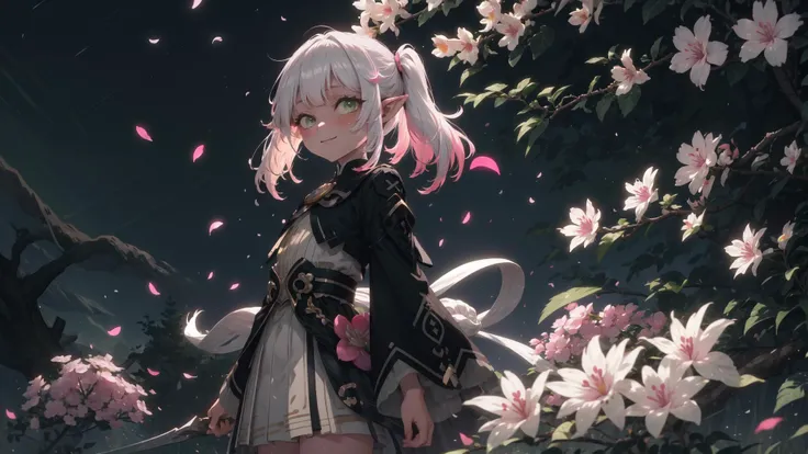 (masterpiece, best quality, high quality:1.3) BREAK 1girl, solo, [pink hair|two-tone hair|white hair], twintails, multicolored hair, white hair, pink hair, wavy hair, parted bangs, swept bangs, green eyes, tsurime, (pointy ears, wind:1.2), child, smile, blush, tree, plant, petals, flowers, plum blossoms, spring, BREAK chest po skirt, (pibo:1.2), waistband, multicolor, night, voulmetric light