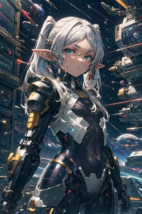 masterpiece,best quality,1girl,aafrie,[green eyes|blue eyes],long hair,white hair,twintails,pointy ears,thick eyebrows,flat chest,(chest armor),mecha musume,white theme,bodysuit,fortified suit,mechanical parts,robot joints,headgear,full armor,expressionless,looking at viewer,(fighting stance),outer space,science fiction,<lora:CHAR-Sousou no Frieren-Frieren-v1-h_madoka:0.8>,<lora:Concept-control tool-add_detail-CyberAIchemist:0.3>,<lora:Clothing-Mecha Musume + Gundam + Mecha Slider-Lykon:0.8>,