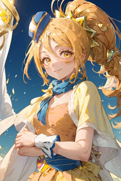 masterpiece,best quality,1girl,cure etoile,yellow hair,yellow eyes,orange dress,scarf,wrist cuffs,mini hat,high ponytail,smile,upper body,<lora:locon_cure_etoile_01:0.9>,