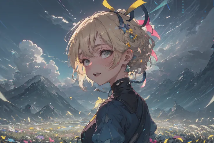(masterpiece, best quality, detailed background, extremely detailed:1.4) BREAK ([sketch|watercolor]:1.2), pastel colors, (chromatic aberration:1.2), intense shadows, cumulonimbus cloud, birds, rainbow, 1girl, blonde hair, short hair, wavy hair, (hair ribbon, blue ribbon:1.2), detached sleeves, blue dress, (portrait:1.2), :d, flowing hair, scenery, mountains, colorful grass fields, (flowers:1.2), floating leaves, (wind:1.2), obelisk