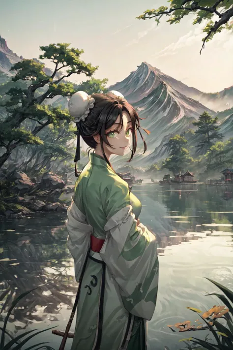 masterpiece,best quality,1girl,solo,Qin Liangyu,double bun,bun cover,sidelocks,black hair,green eyes,hanfu,smile on shore,looking back,east asian architecture,lake,reed,mountain,outdoors,from behind,<lora:Concept-control tool-add_detail-CyberAIchemist:0.8>,<lora:QinLiangyu:0.9>,