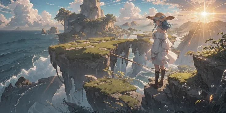 masterpiece, best quality, extremely detailed, detailed background, BREAK 1girl, solo, wavy hair, blue hair, blue eyes, outdoors, long hair, scenery, cloud, ocean, sky, day, bag, water, dress, horizon, rock, standing on cliff, dangerous cliff, high place, high cliff, boots, blue sky, brown footwear, long sleeves, from behind, facing viewer, looking back, from above, straw hat, white dress, wide shot, facing away, capelet, sun hat, cloudy sky, strong sunlight, moss, overgrown, off shoulder, clenched hands, wind,