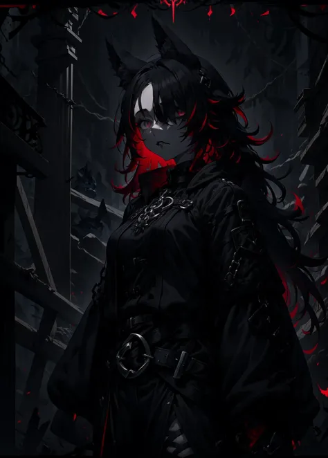 Goth girl 1girl, 1girl, solo, baggy clothing,black hair,red hair,multi color hair,long hair,wolf ears,wild hair,goth store,black clothing,red clothing,hair over one eye, <lora:G_G2.0-000006:0.8>