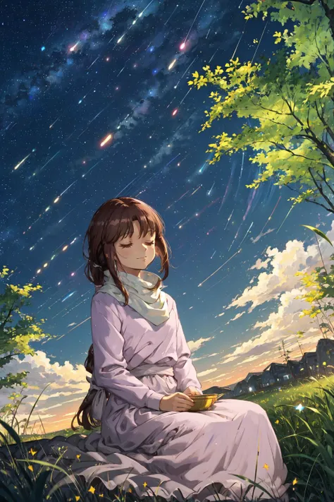 masterpiece,best quality,1girl,tifax,brown hair,long hair,low ponytail,closed eyes,pink dress,turtleneck,smile,sitting,head tilt,looking at viewer,grass,starry sky,cowboy shot,dutch angle,<lora:tifa-gundamx-v2-wasabiya_1:1>,