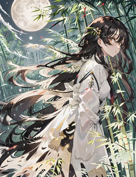 houraisan_kaguya, 1girl, solo, long_hair, skirt, black_hair, brown_eyes, very_long_hair, night, moon, letterboxed, nature, full_moon, forest, bamboo, bamboo_forest