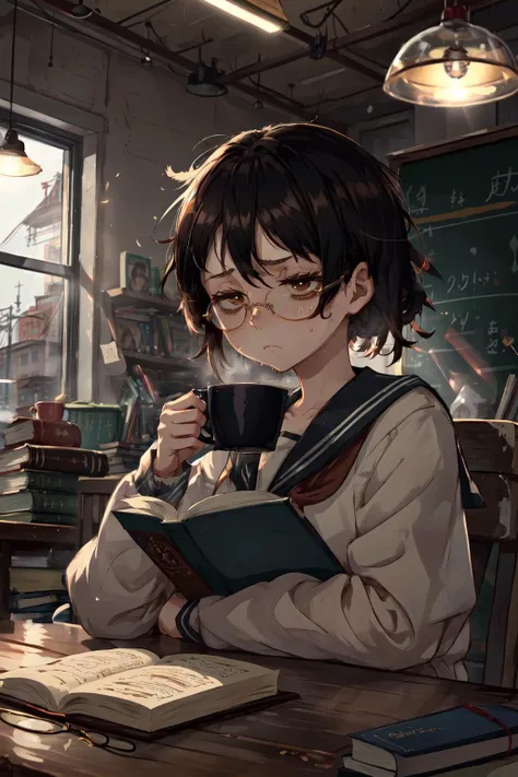 masterpiece,best quality,1girl,glasses,black hair,brown eyes,short hair,messy hair,school uniform,serafuku,nervous,(tired),sleepy,light frown,(bags under eyes),reading,book,sweatdrop,sitting,table,coffee mug,indoors,<lora:bags under eyes:0.5>,