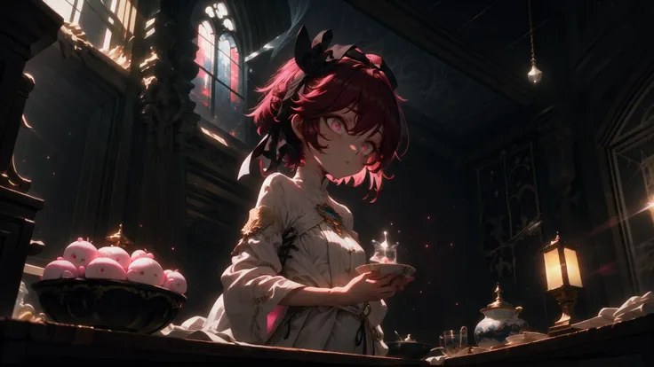 (masterpiece, best quality, SFW:1.2), celestial, masterpiece, post-processing, indirect light BREAK 1girl, surprise, looking up,(cute, petite:1.2), flat_chest, (dark red hair, very short hair:1.2), (hotpink eyes:1.2) BREAK ( dress, hair ribbon) BREAK breast focus,wide shot, indian style BREAK indoors, armory