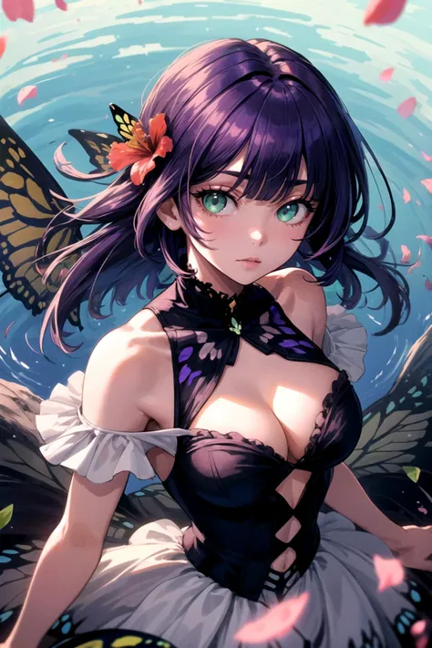 (best quality, high quality:1.4) (butterfly:1.2), hibiscus, (flowers, petals:1.2), garden, from above, upper body, 1girl, purple hair, green eyes, blunt bangs, messy hair, medium hair, standing, frilled dress, bare shoulders, cleavage cutout, looking at viewer floating hair