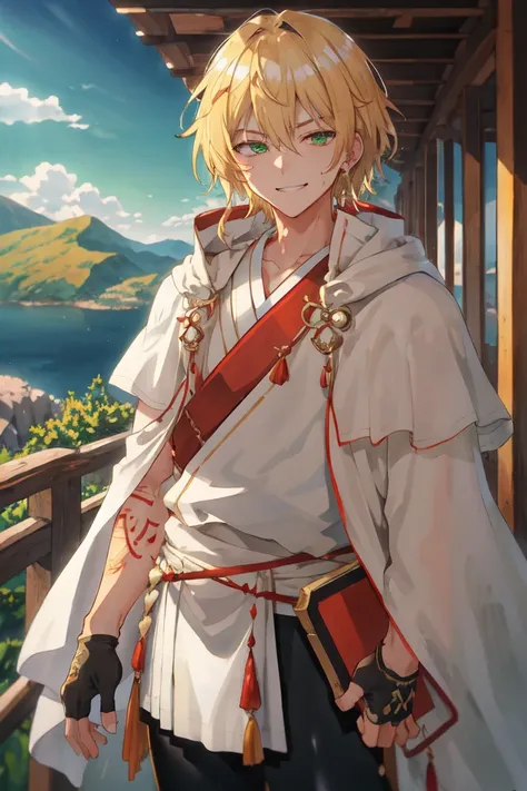 (highres:1.2), (ultra-detailed:1.2), (((traditional media))), (extremely detailed CG unity 8k wallpaper:1.2), (best shadow), HDR, cowboy shot;
 hoplite, (greek clothes:1.2) white robes (peplos|chiton|himation), shawl, (linothorax armor), muscular, outdoors, leggings, mountainous horizon, tanned;
smug, smirk, (blonde hair), (green eyes), (eyeshadow) (tattoo), fingerless gloves, oiled, sweat